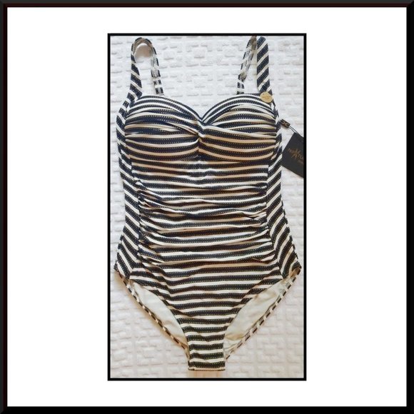 NWT NIP TUCK Ahoy Joanne Bond Eye Shirred NAVY SILVER FOIL Stripe Swimsuit/Sz 8 - Picture 3 of 10